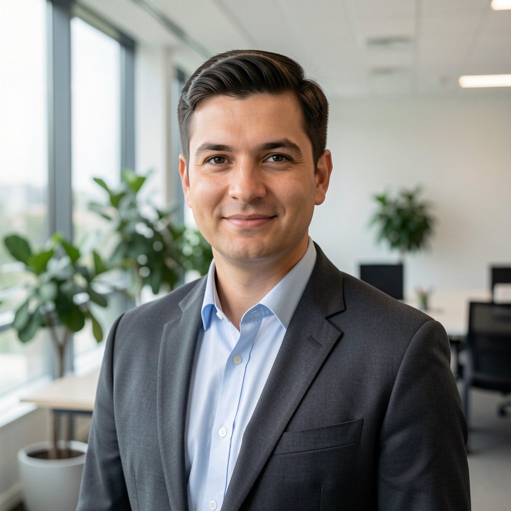 Modernes, helles Büro mit Schreibtisch, Pflanzen und großen Fenstern, ruhige institutionelle Atmosphäre